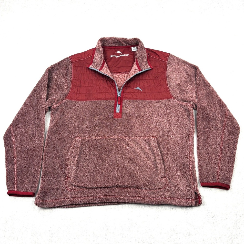 Tommy Bahama Mens Medium Red Marl Quilted Sherpa Fleece Quarter Zip Pullover Top